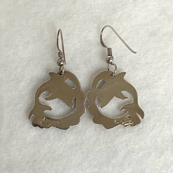 VTG Sterling Silver 925 VIMAR 1.60" Jumping Dolphin Wave Dangle Earrings Sealife - Picture 8 of 16